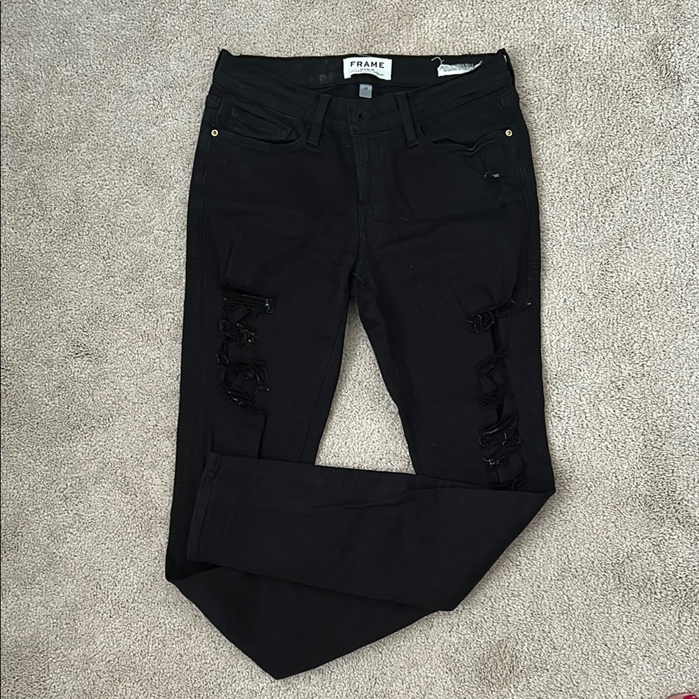 Frame Denim Women's Le Skinny de Jeanne Black Jeans. Distressed